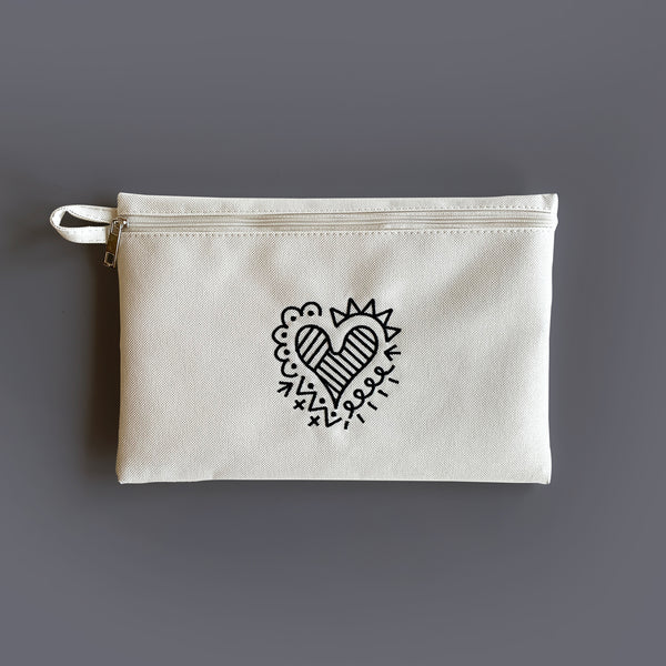 Flat Nylon Pouch "Doodle Heart” _ Black