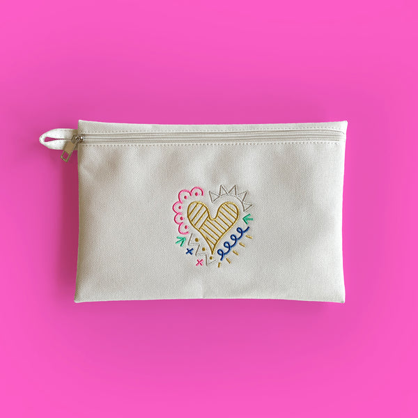Flat Nylon Pouch "Doodle Heart” _ Multi Color
