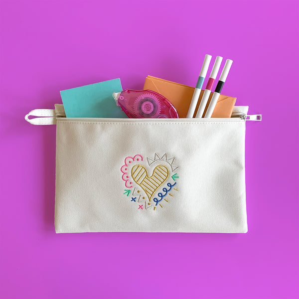 Flat Nylon Pouch "Doodle Heart” _ Multi Color