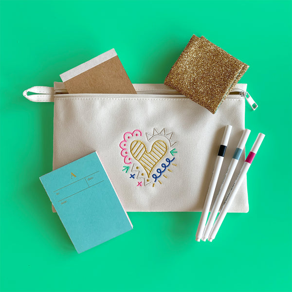 Flat Nylon Pouch "Doodle Heart” _ Multi Color